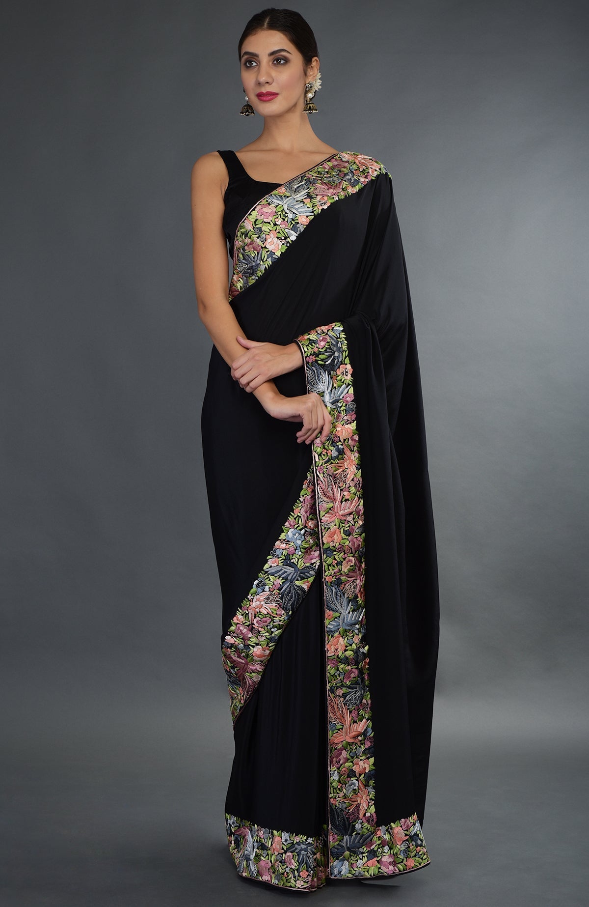 Black Parsi Gara hand embroidered saree with floral and bird motifs.