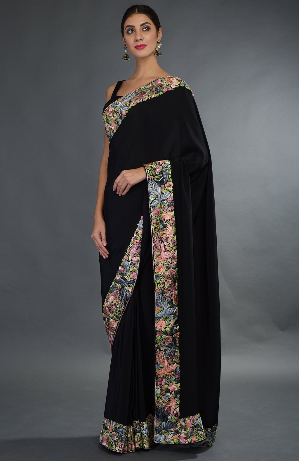 Black Parsi Gara hand embroidered saree with floral and bird motifs.