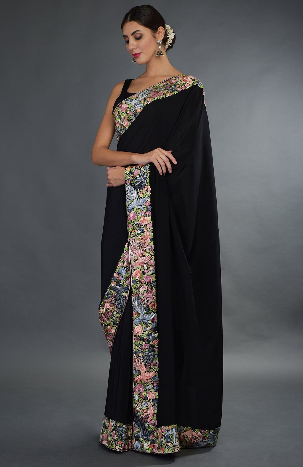 Black Parsi Gara hand embroidered saree with floral and bird motifs.