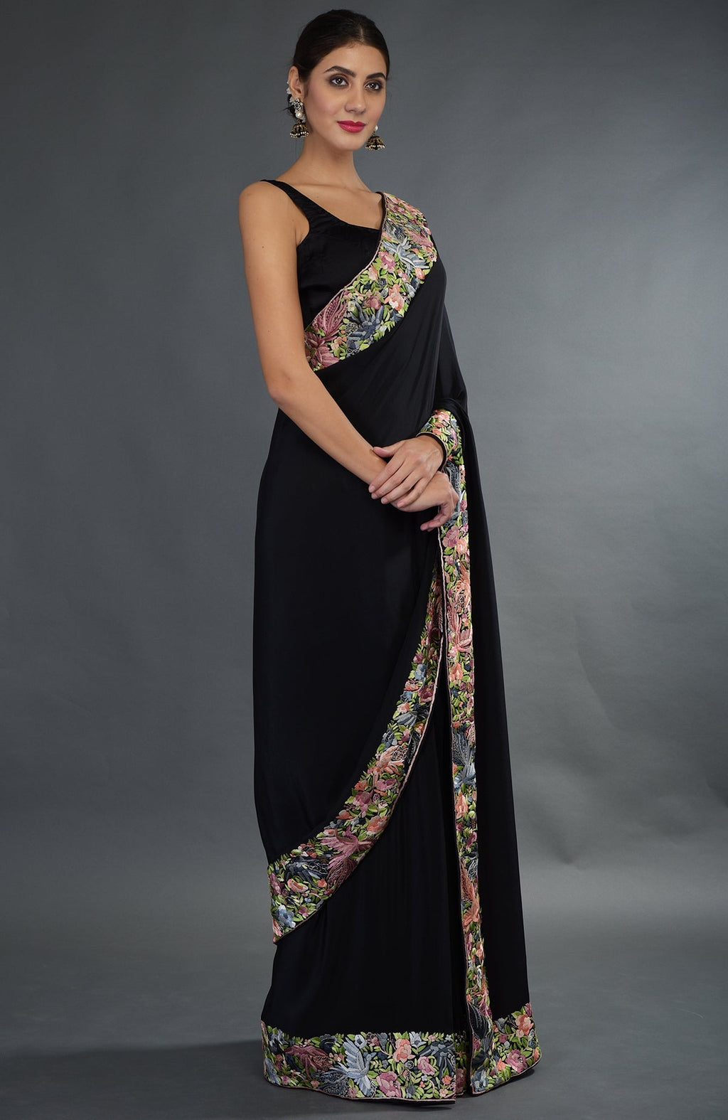 Black Parsi Gara hand embroidered saree with floral and bird motifs.