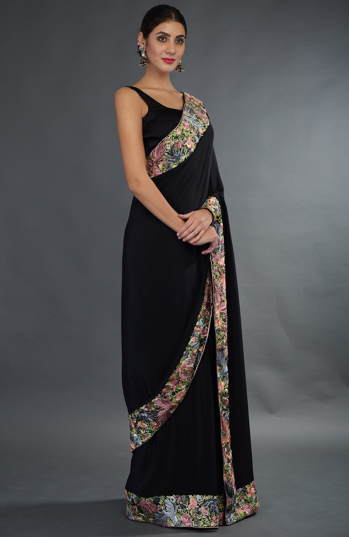 Black Parsi Gara hand embroidered saree with floral and bird motifs.