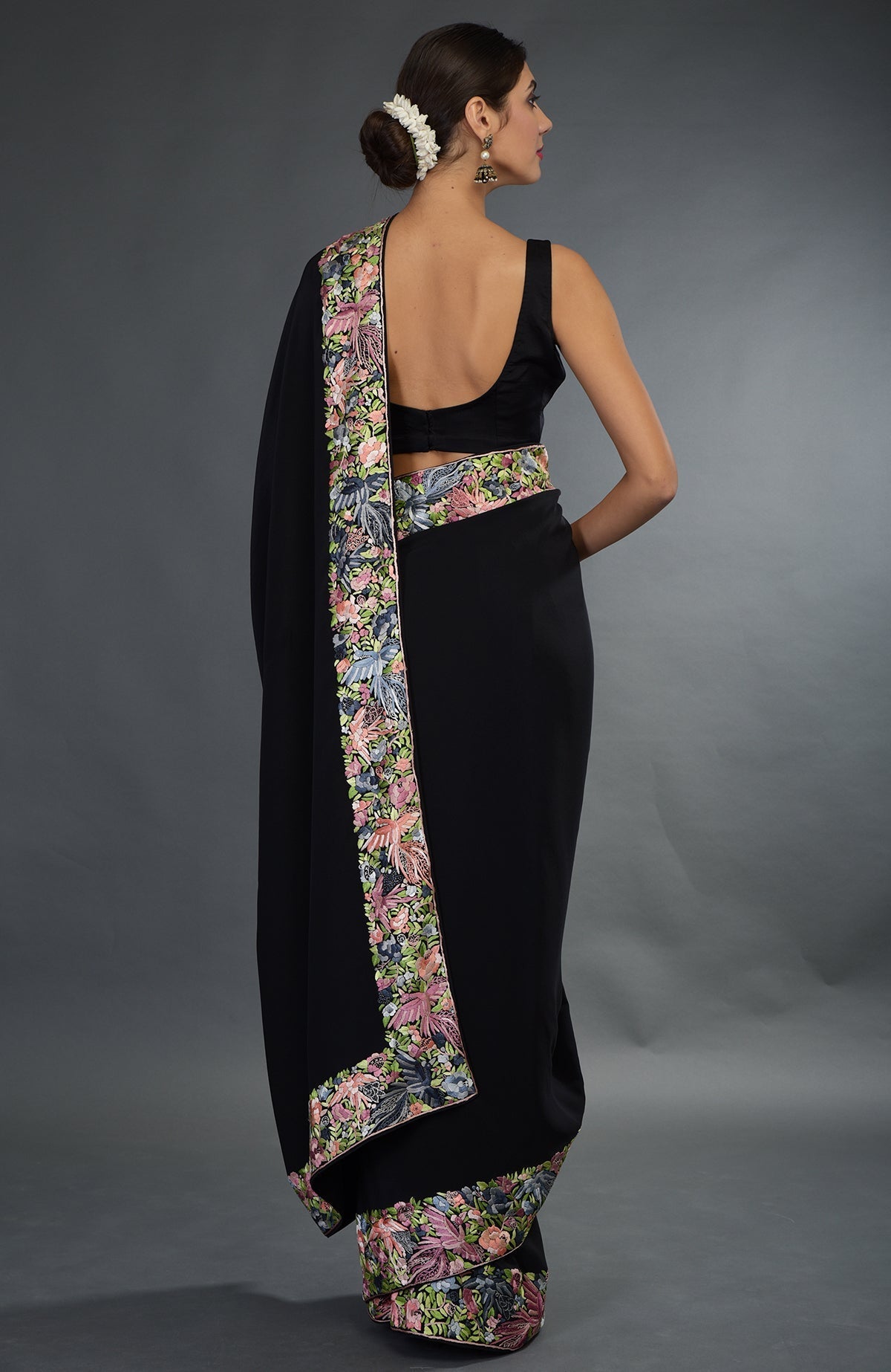 Black Parsi Gara hand embroidered saree with floral and bird motifs.