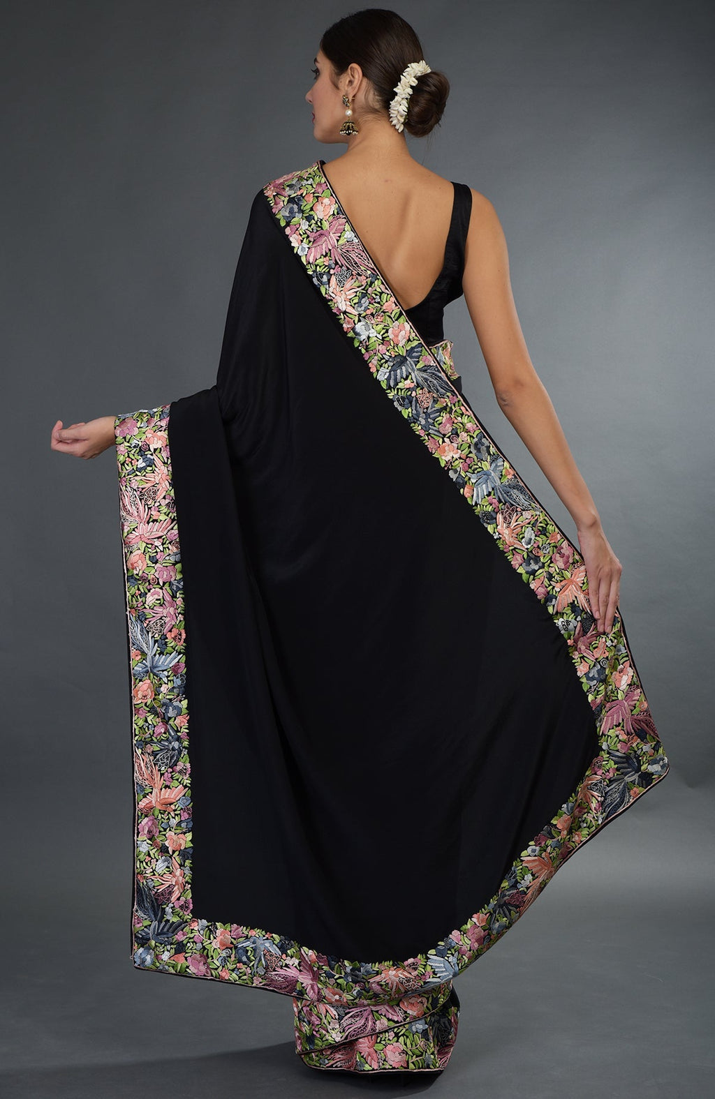 Black Parsi Gara hand embroidered saree with floral and bird motifs.