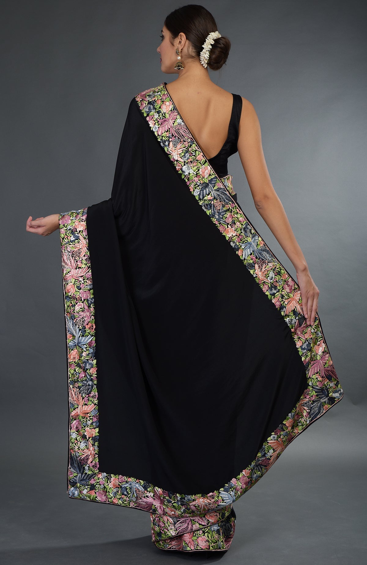 Black Parsi Gara hand embroidered saree with floral and bird motifs.