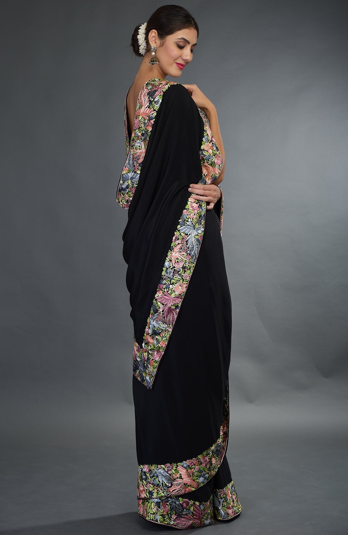 Black Parsi Gara hand embroidered saree with floral and bird motifs.