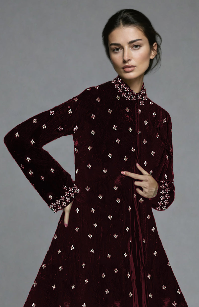 Maroon silk velvet jacket with Swarovski crystal embroidery.
