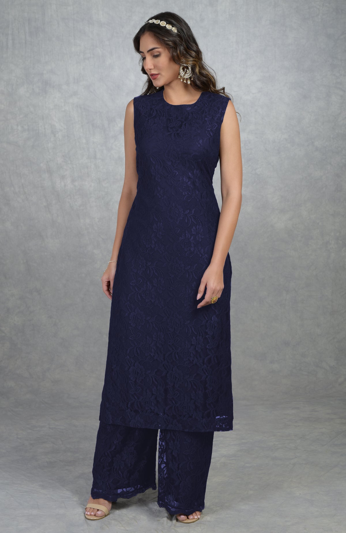 Eclipse blue sleeveless lace tunic kurta with jewel neckline and wide-leg pants.