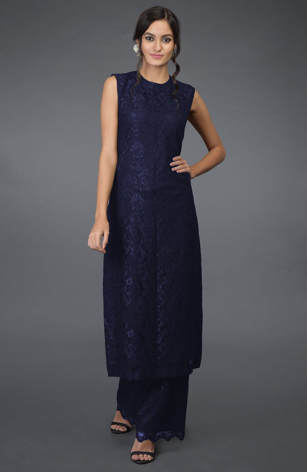 Eclipse blue sleeveless lace tunic kurta with jewel neckline and wide-leg pants.