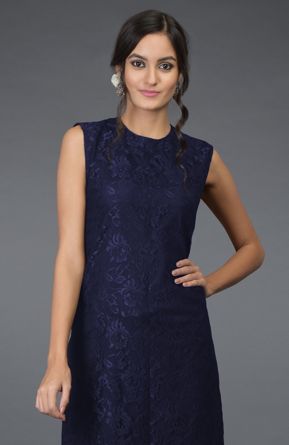 Eclipse blue lace sleeveless tunic kurta with jewel neckline and wide-leg pants.
