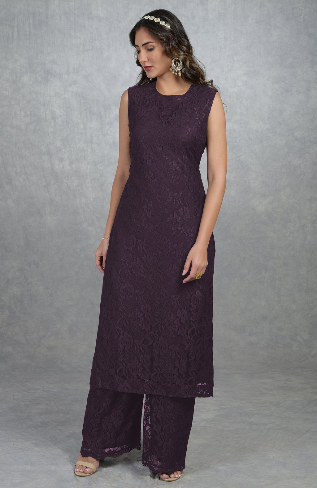 Plum lace sleeveless tunic kurta with jewel neckline paired with wide-leg pants