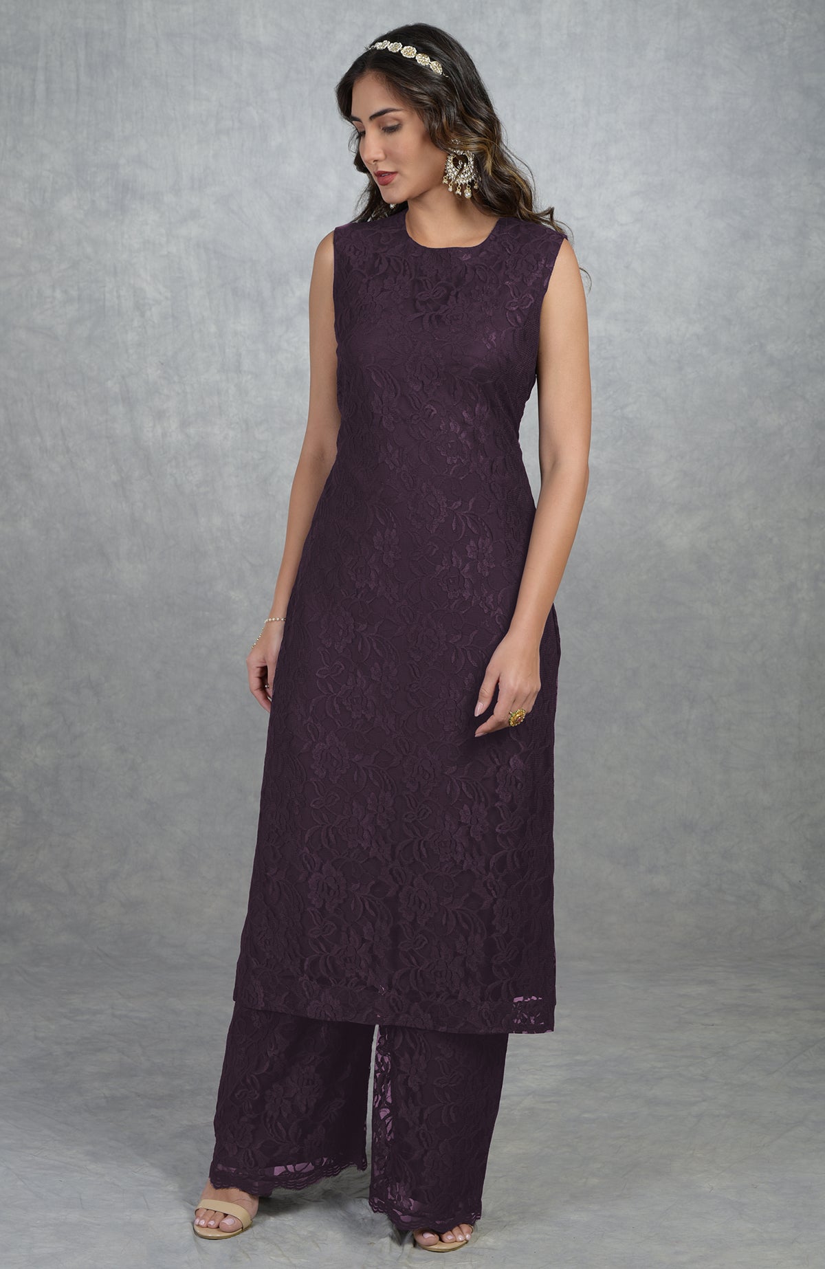 Plum lace sleeveless tunic kurta with jewel neckline paired with wide-leg pants
