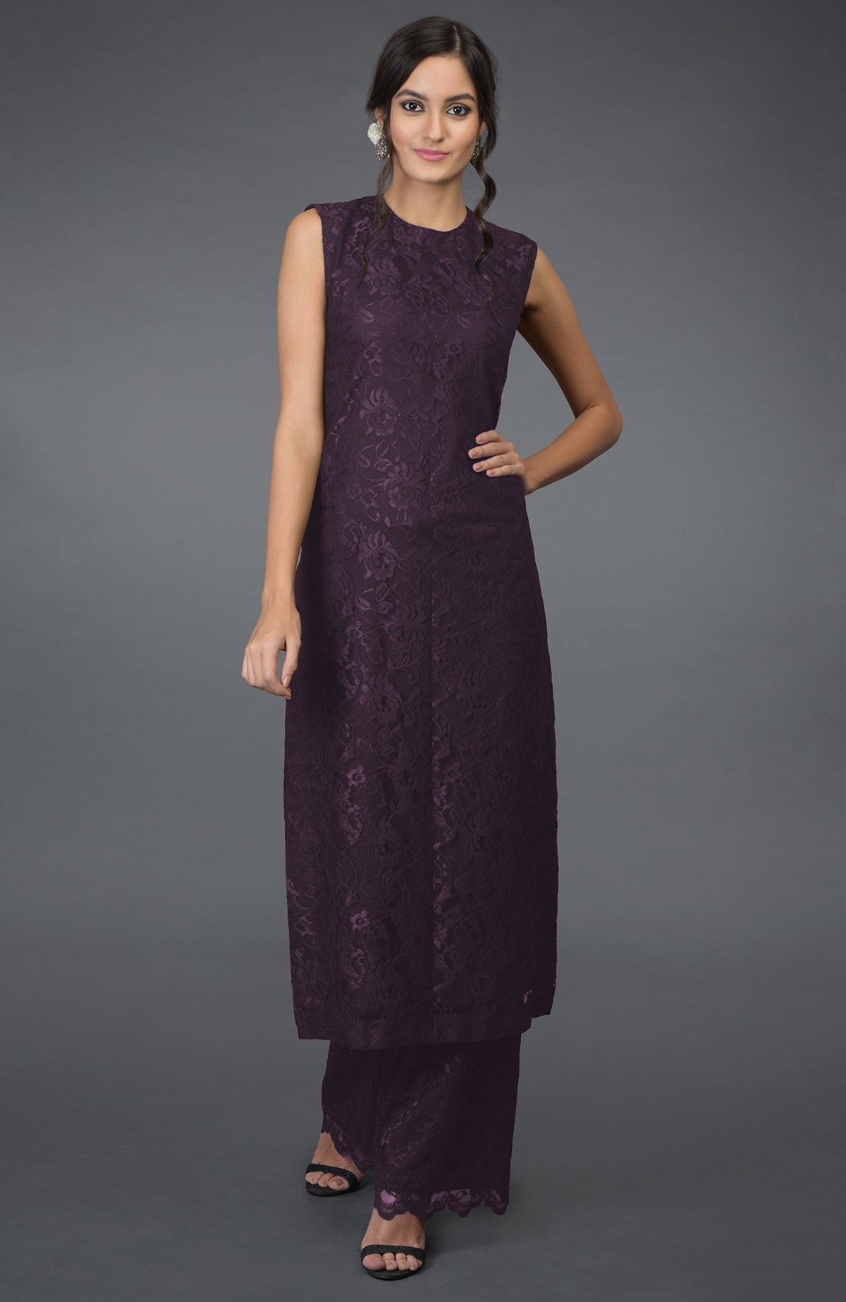 Eclipse blue sleeveless lace tunic kurta with jewel neckline and wide-leg pants.