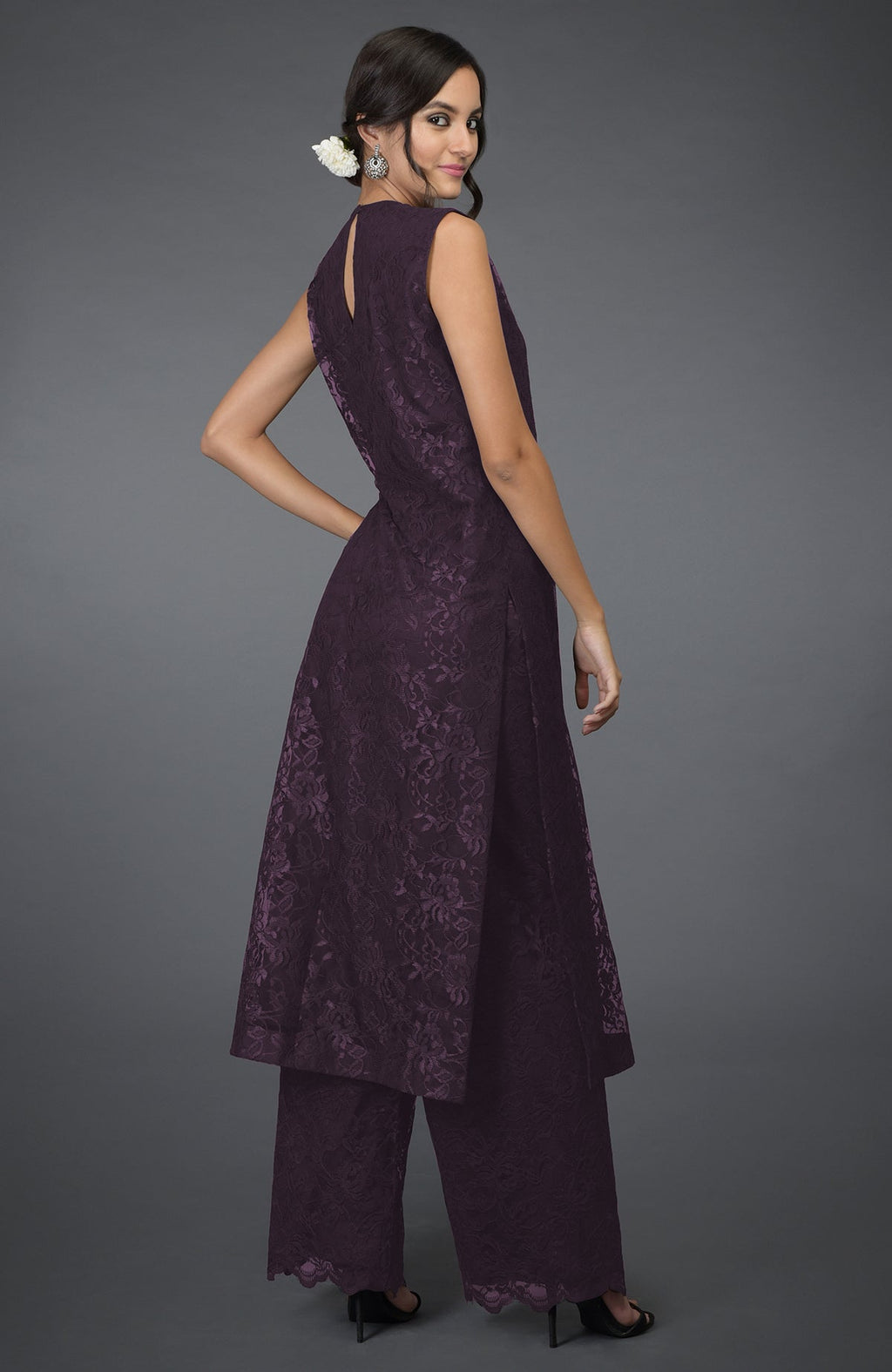 Plum sleeveless lace tunic kurta with jewel neckline and wide-leg pants set