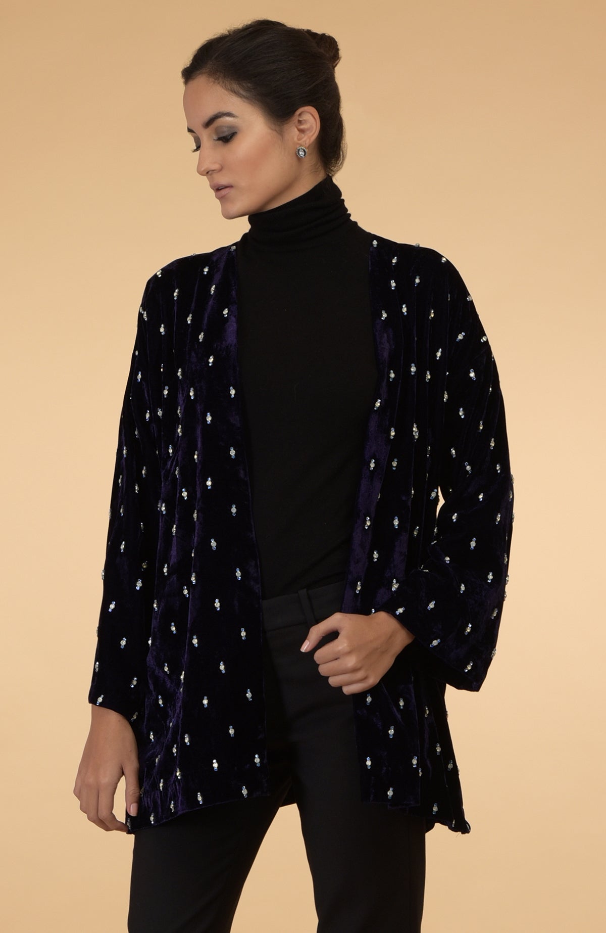 An Eclipse Blue Crystal Hand Embroidered Silk Velvet Jacket.