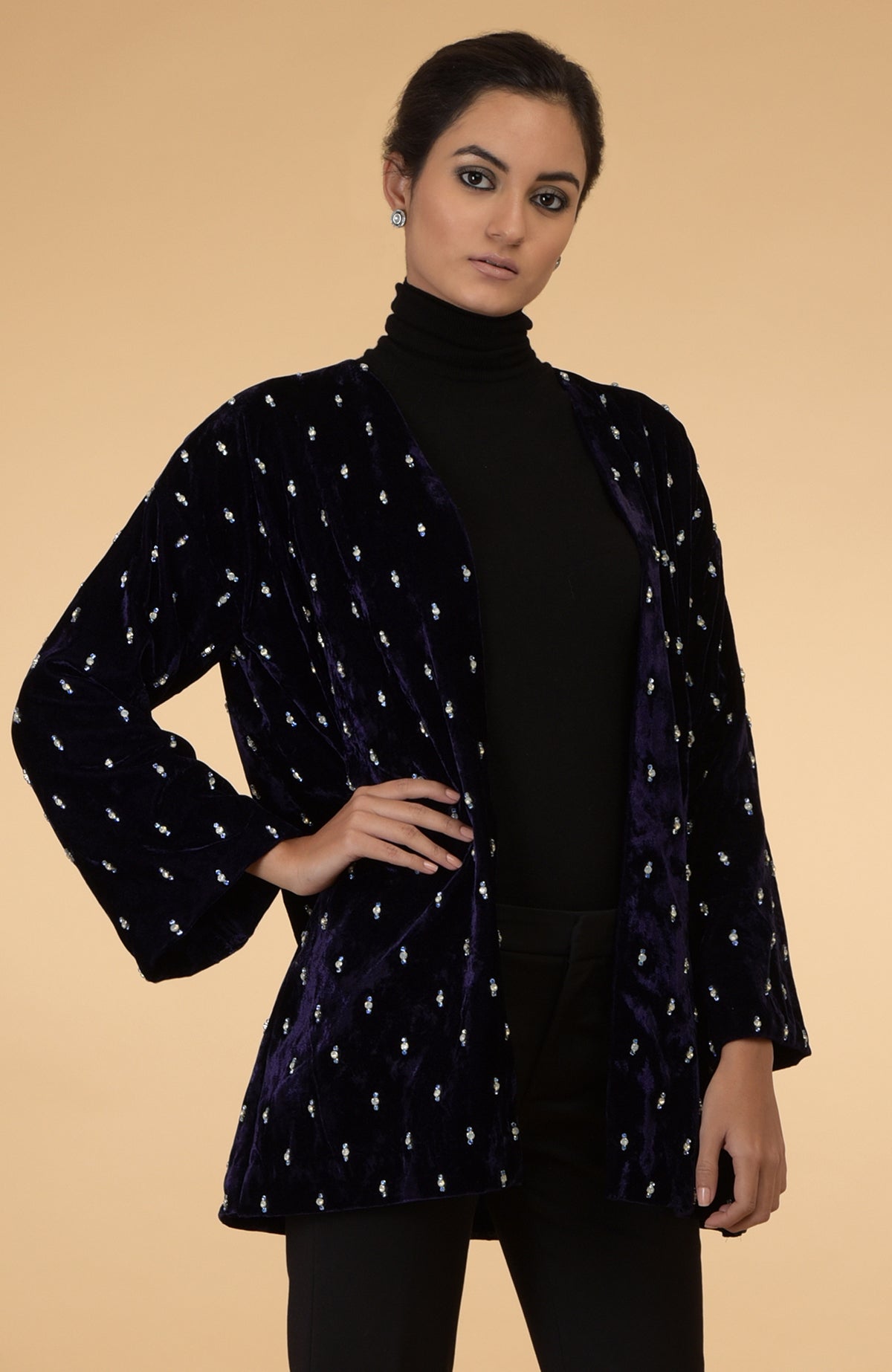 Eclipse blue silk velvet jacket with crystal hand embroidery.