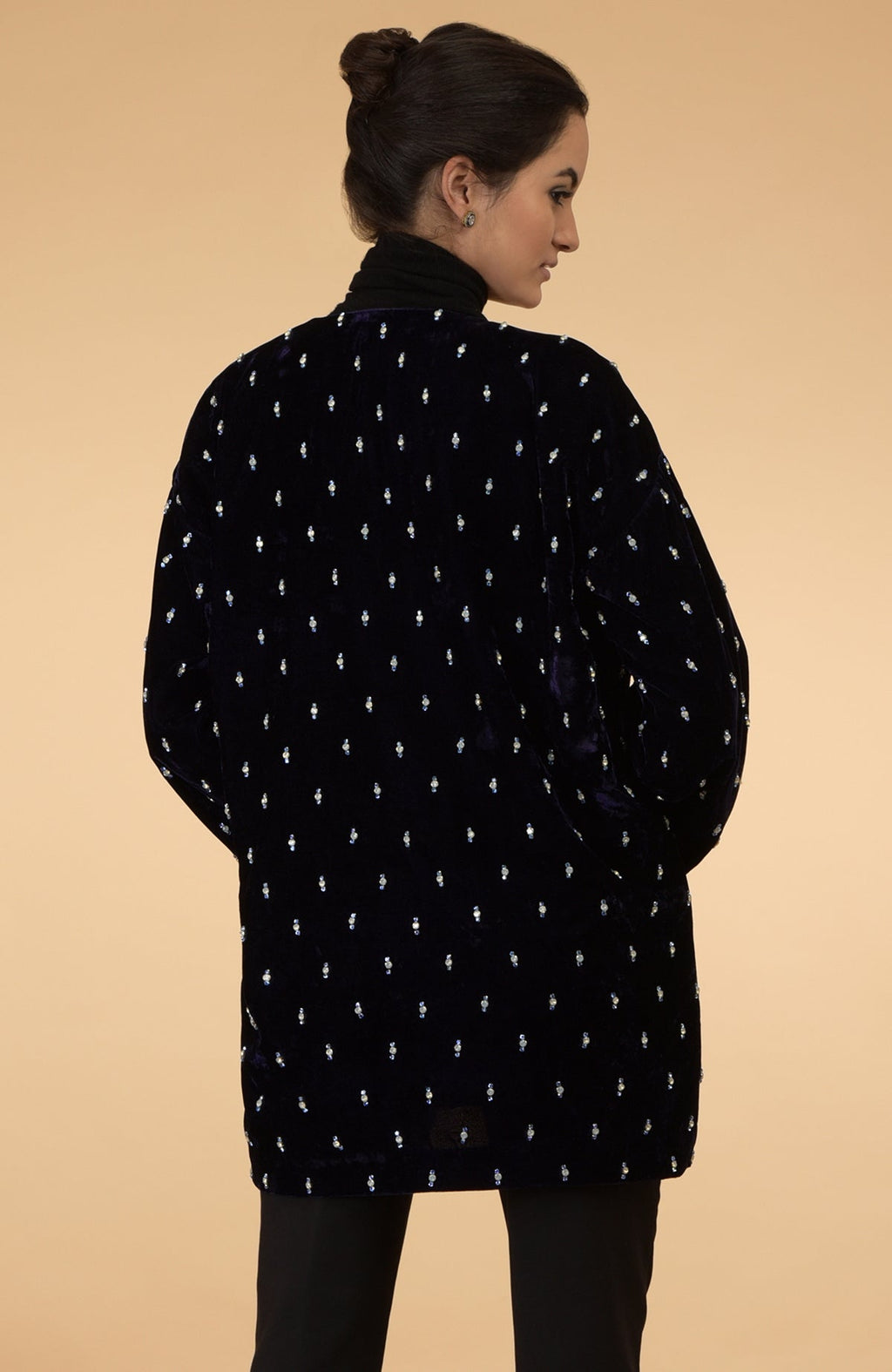 Eclipse Blue Crystal Hand Embroidered Silk Velvet Jacket with three-fourth sleeves.