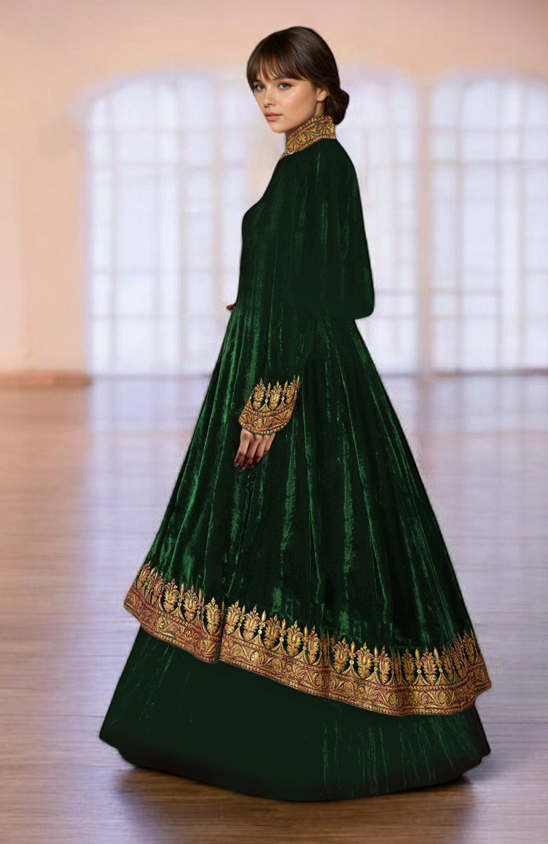 Emerald green velvet jacket set with gold Kashmiri Tilla embroidery.