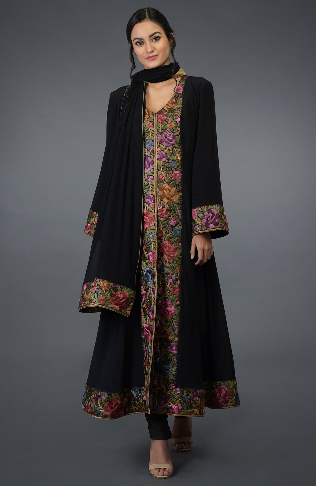 Black Anarkali suit with purple and green Parsi Gara embroidery and matching dupatta.