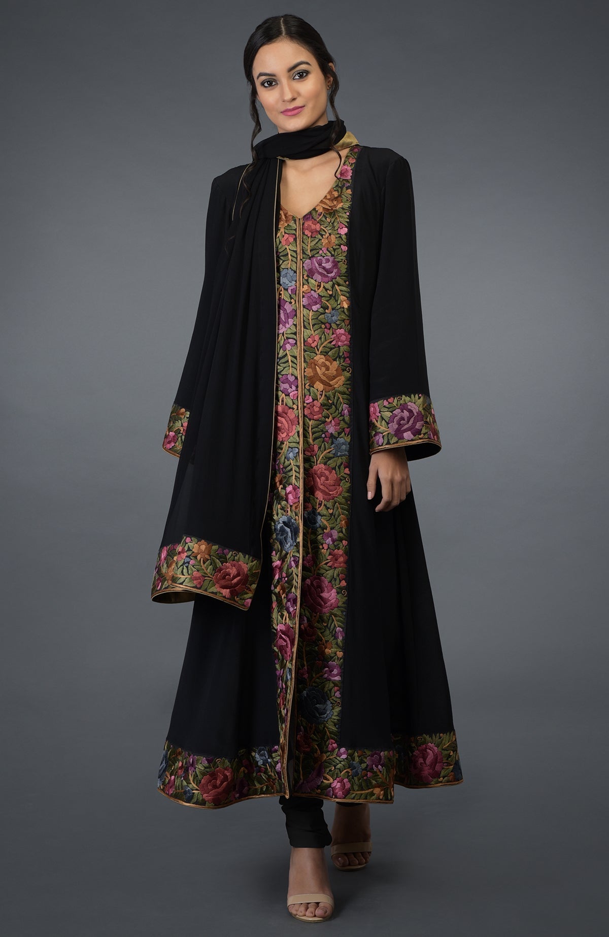 Black Anarkali suit with purple and green Parsi Gara embroidery and matching dupatta.