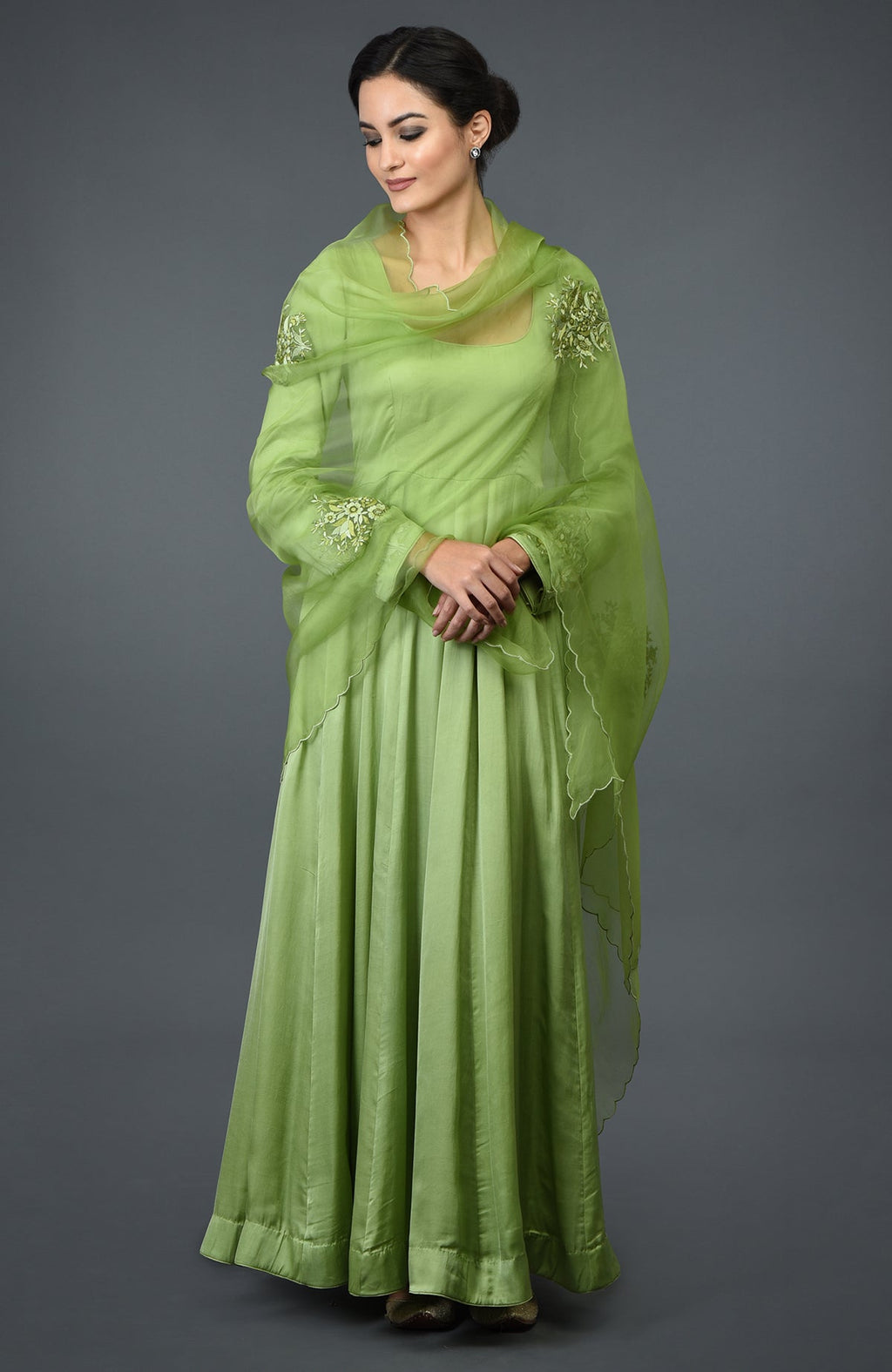 Pista green floral embroidered Anarkali suit with dupatta.