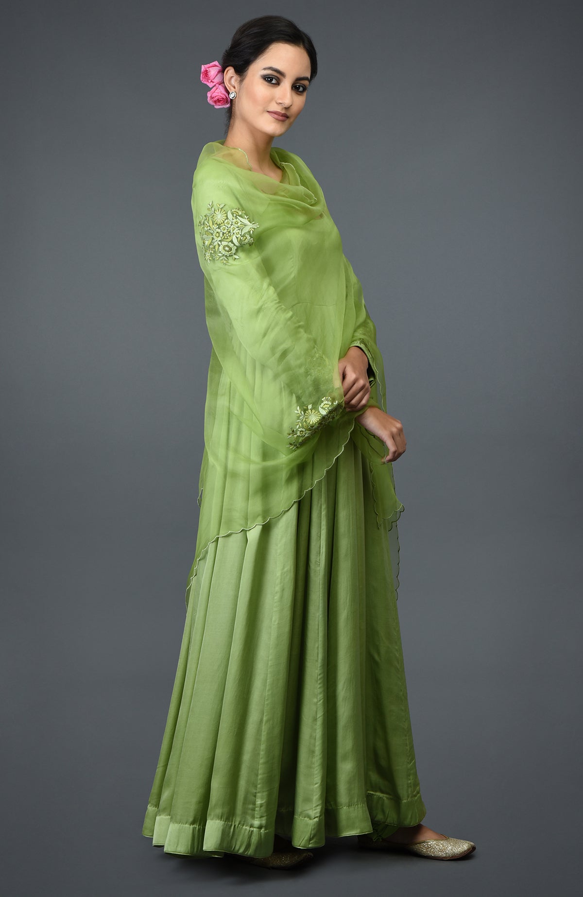 Pista green floral embroidered anarkali suit with dupatta.