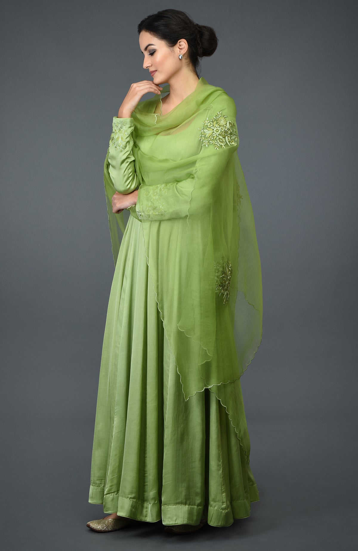 Pista green floral embroidered anarkali suit with dupatta.
