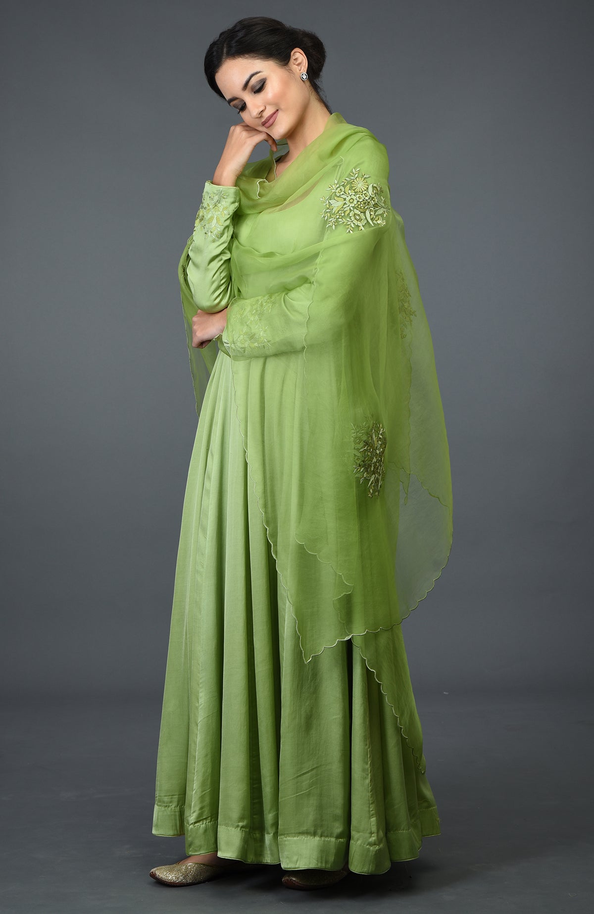Pista green floral embroidered anarkali suit with dupatta.