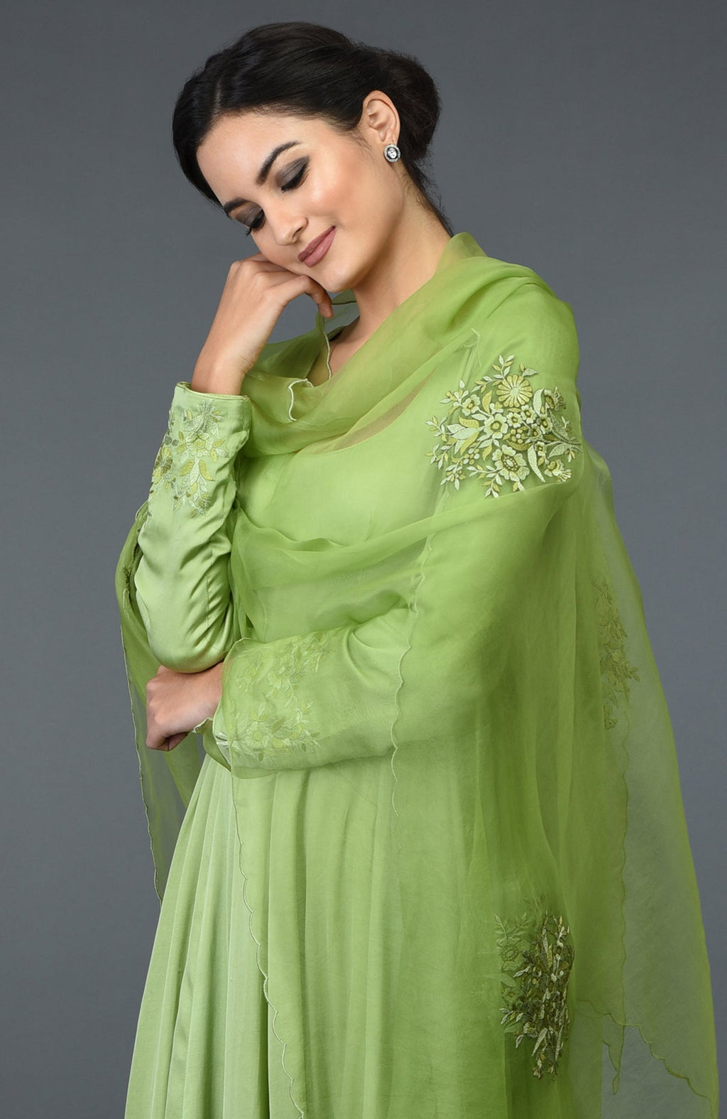 Pista green floral embroidered anarkali suit with dupatta.
