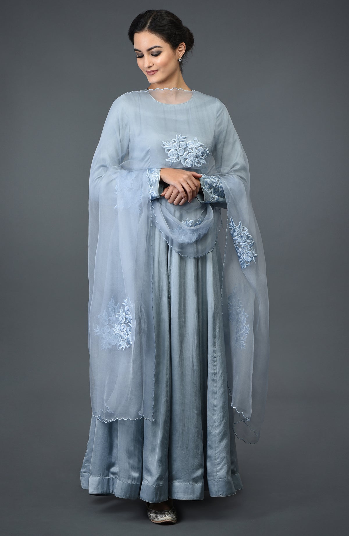 Powder blue floral embroidered anarkali suit with dupatta.