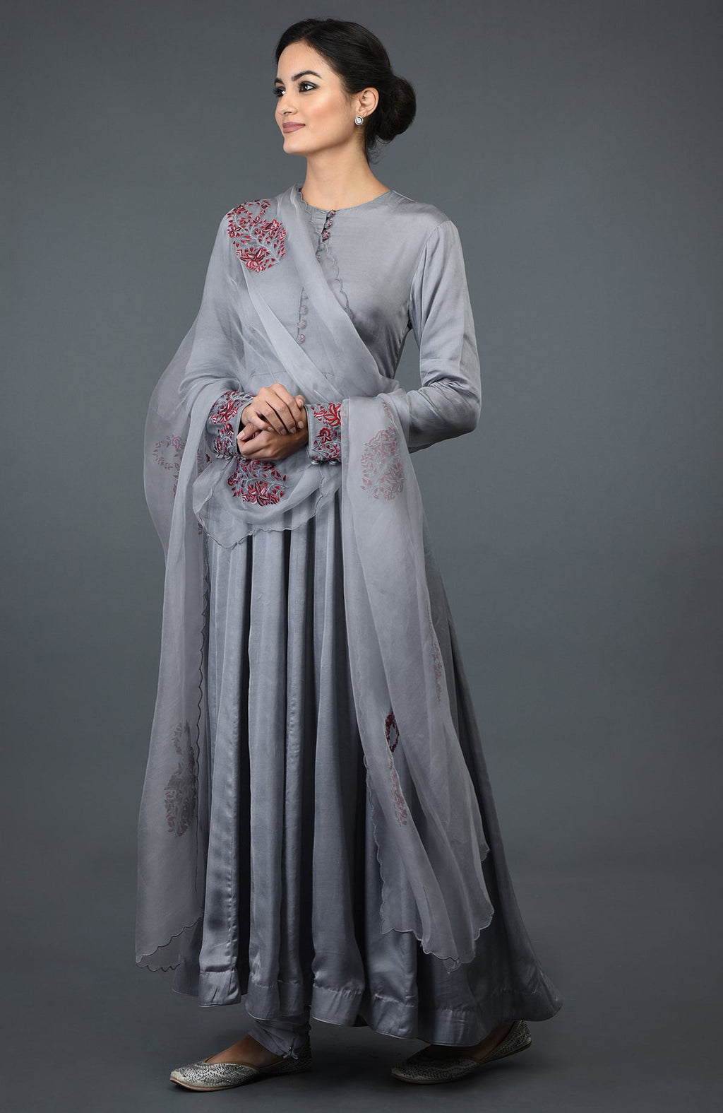 Grey paisley embroidered Anarkali suit with dupatta.