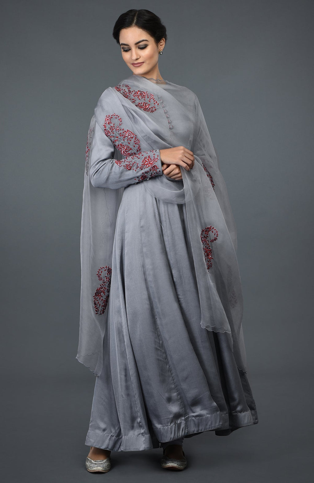 Grey paisley embroidered Anarkali suit with dupatta.