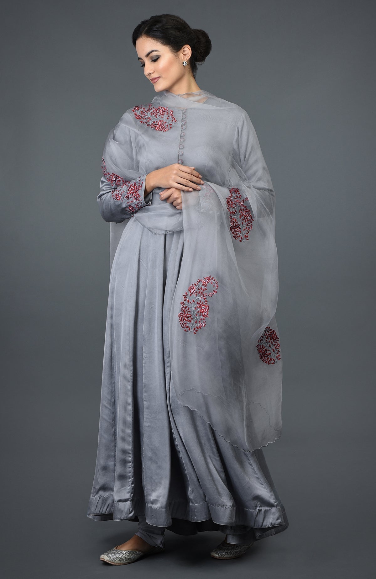 Grey paisley embroidered Anarkali suit with dupatta.