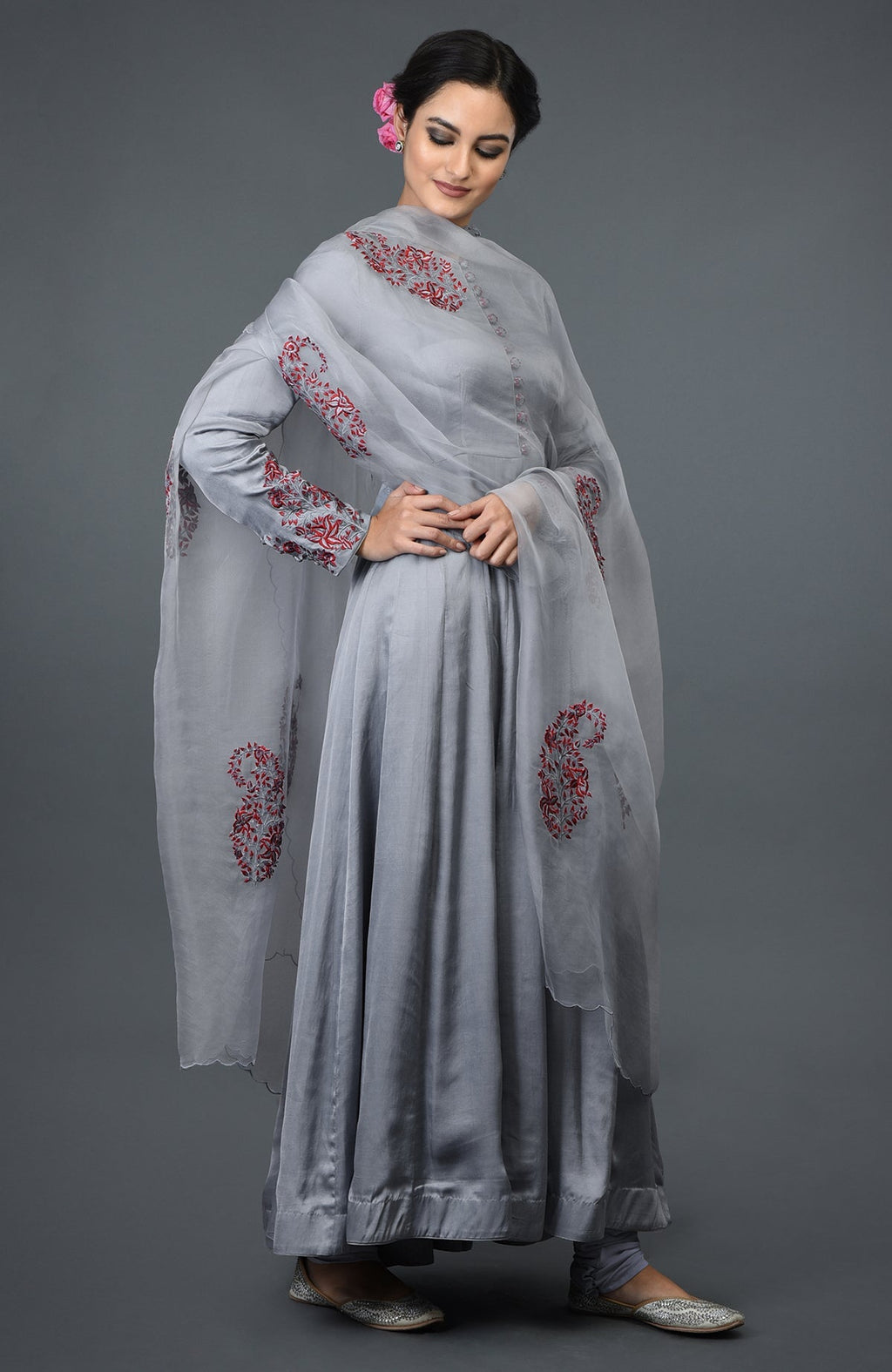 Grey paisley embroidered Anarkali suit with dupatta.