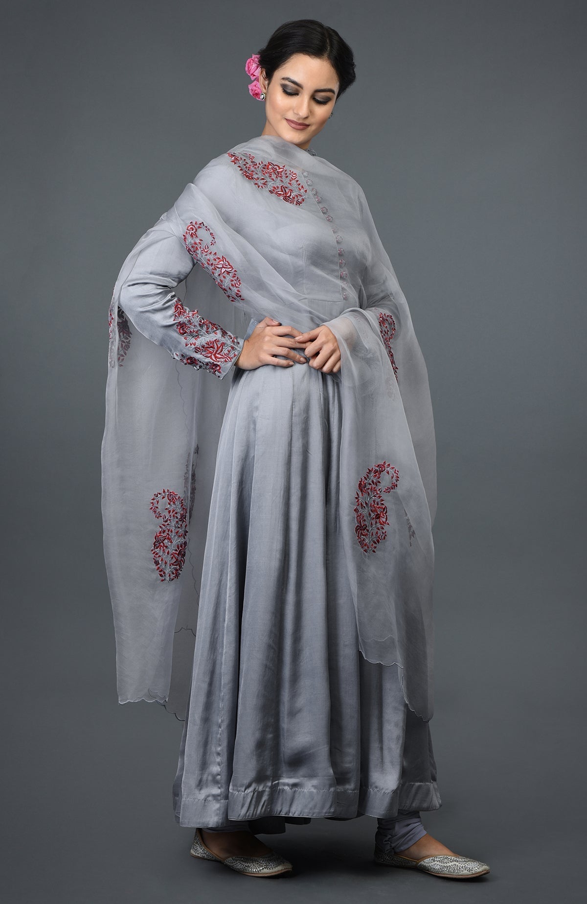 Grey paisley embroidered Anarkali suit with dupatta.