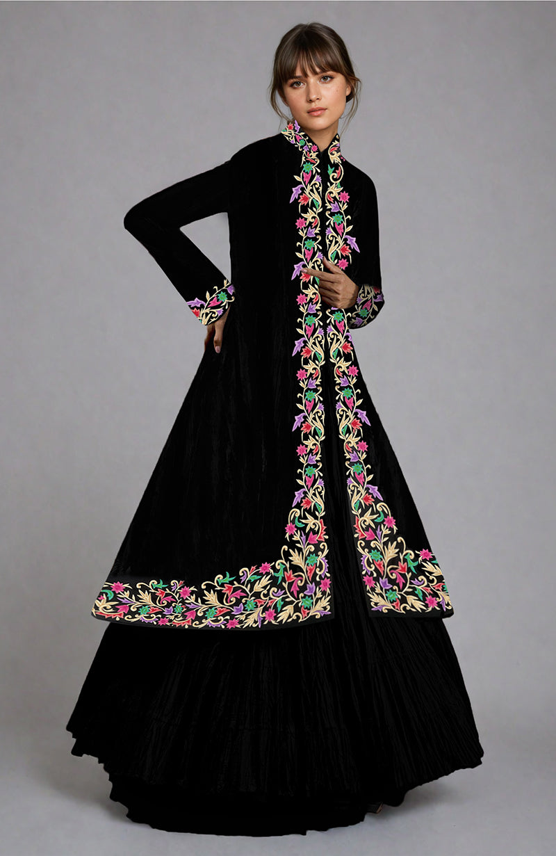 Black silk velvet jacket with colorful Parsi Gara floral embroidery and matching crushed silk tiered skirt