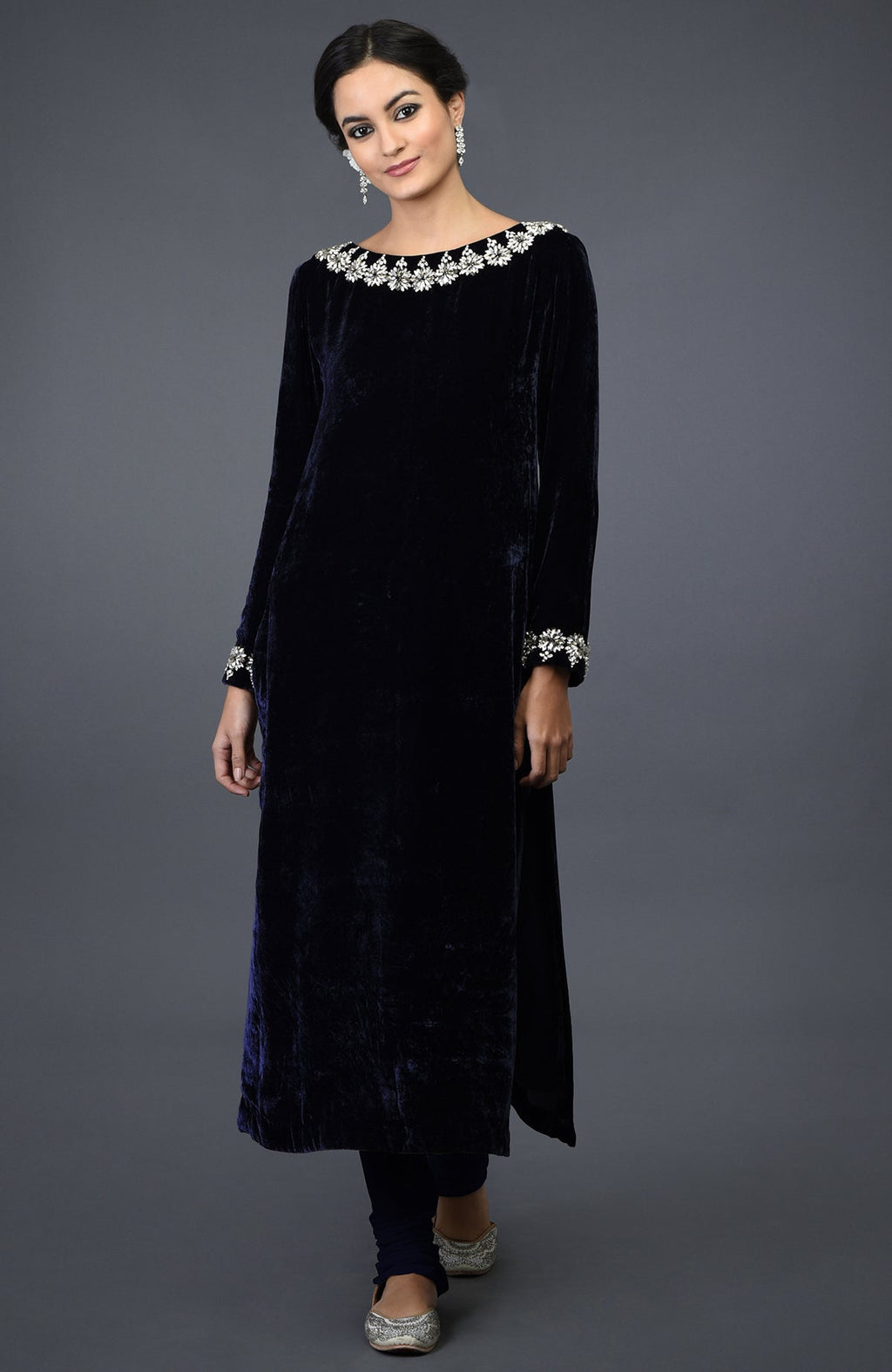 Midnight blue velvet suit with Swarovski hand embroidery on the neckline and cuffs.