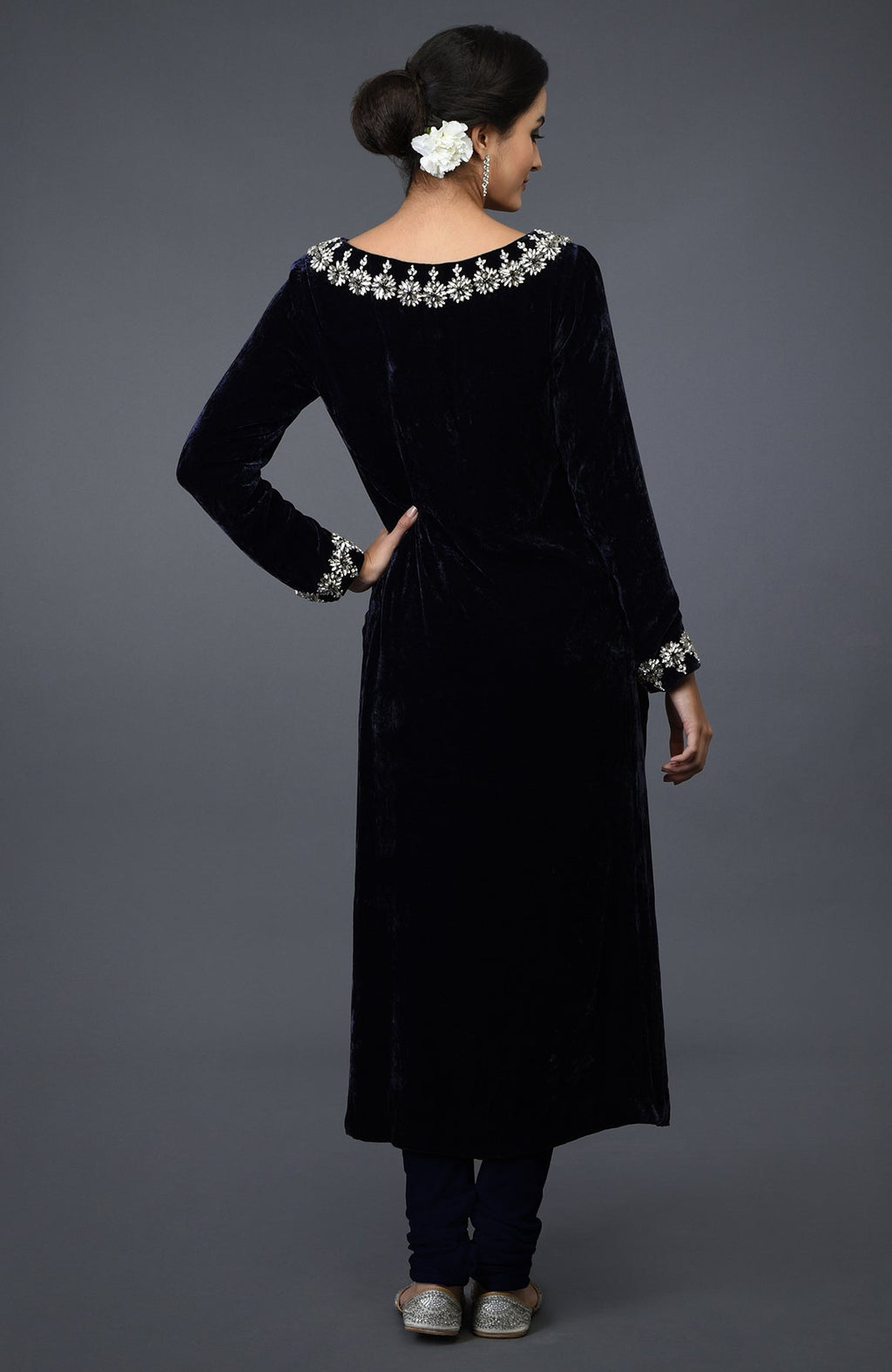 Midnight blue velvet suit with Swarovski hand embroidery on the neckline and sleeves.