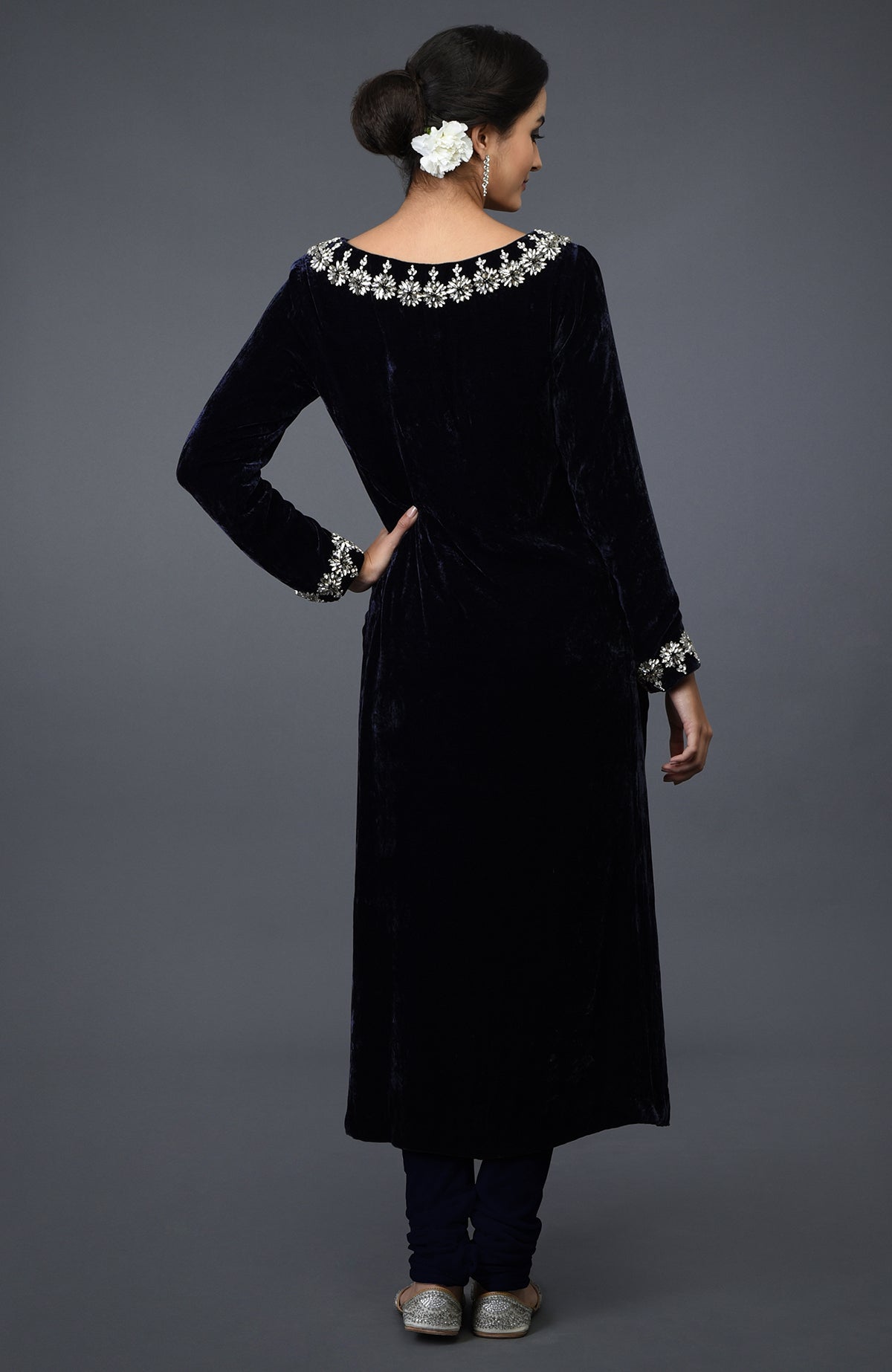 Midnight blue velvet suit with Swarovski hand embroidery on the neckline and sleeves.
