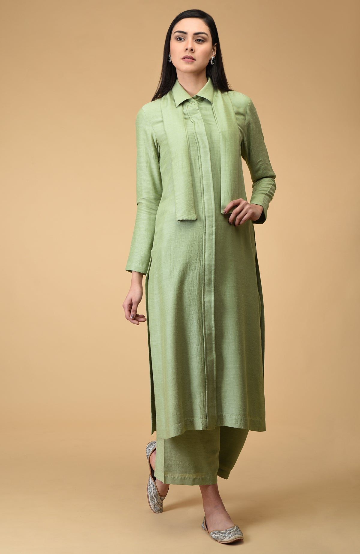 Sage tie neck kurta set with wide-leg pants.