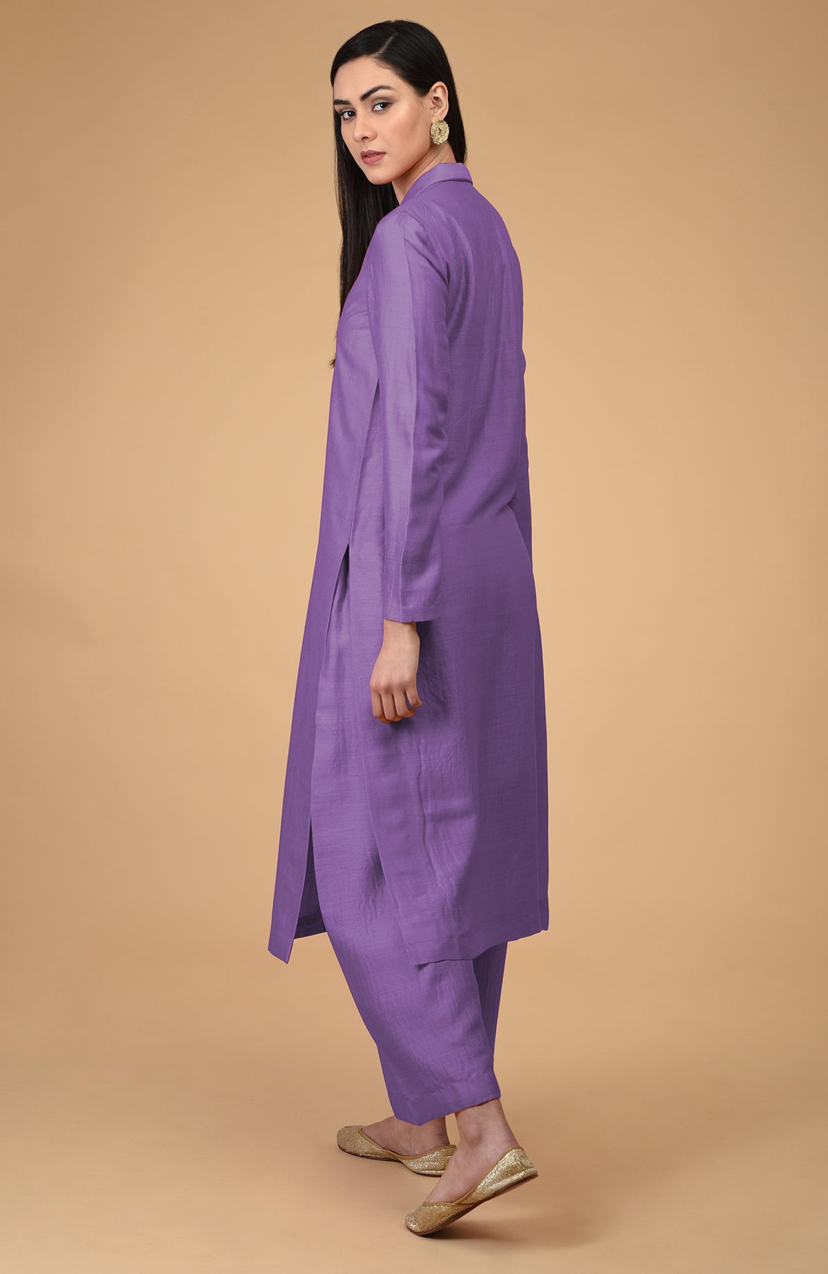Amethyst Orchid Notch Collar Kurta Set with wide-leg pants and gold flats.