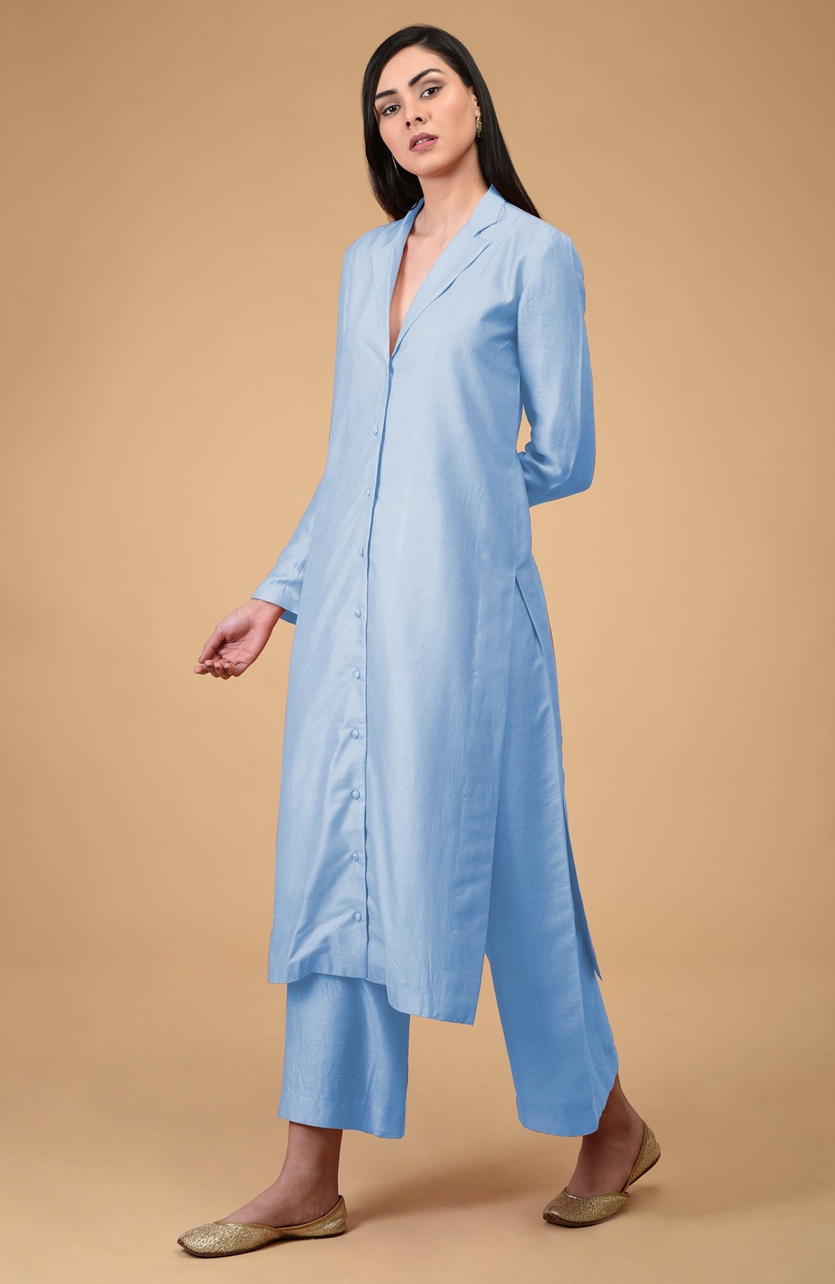 Amethyst Orchid notch collar kurta set with wide-leg pants.