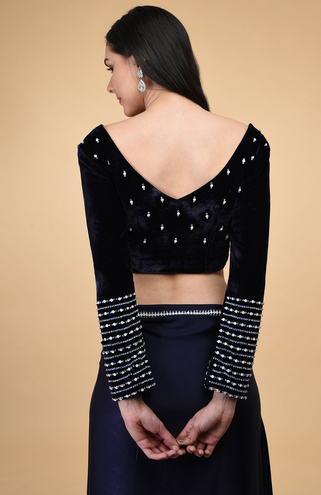 Midnight blue velvet blouse with crystal embroidery, shown from the back.