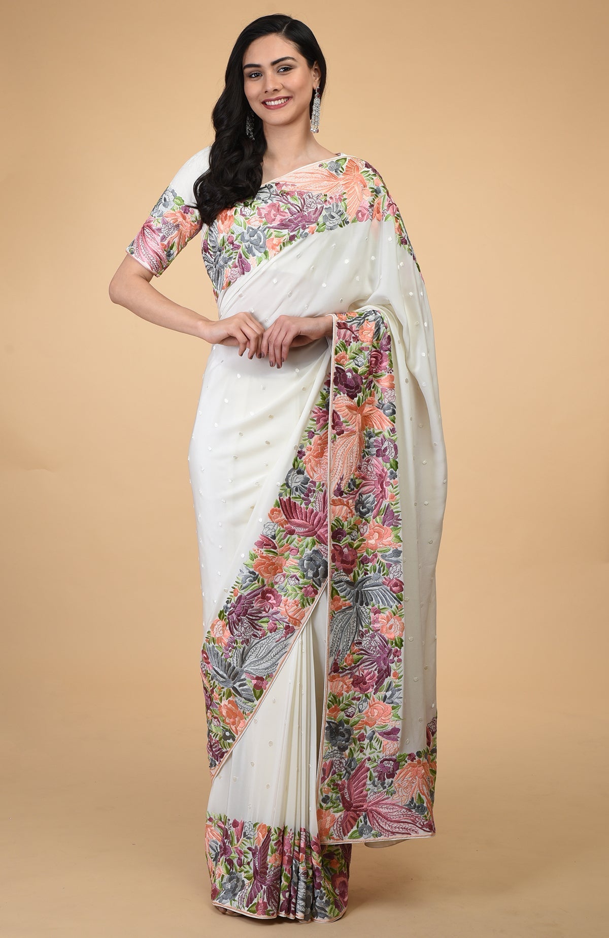 Ivory Parsi Gara hand-embroidered saree with intricate bird and floral motifs.