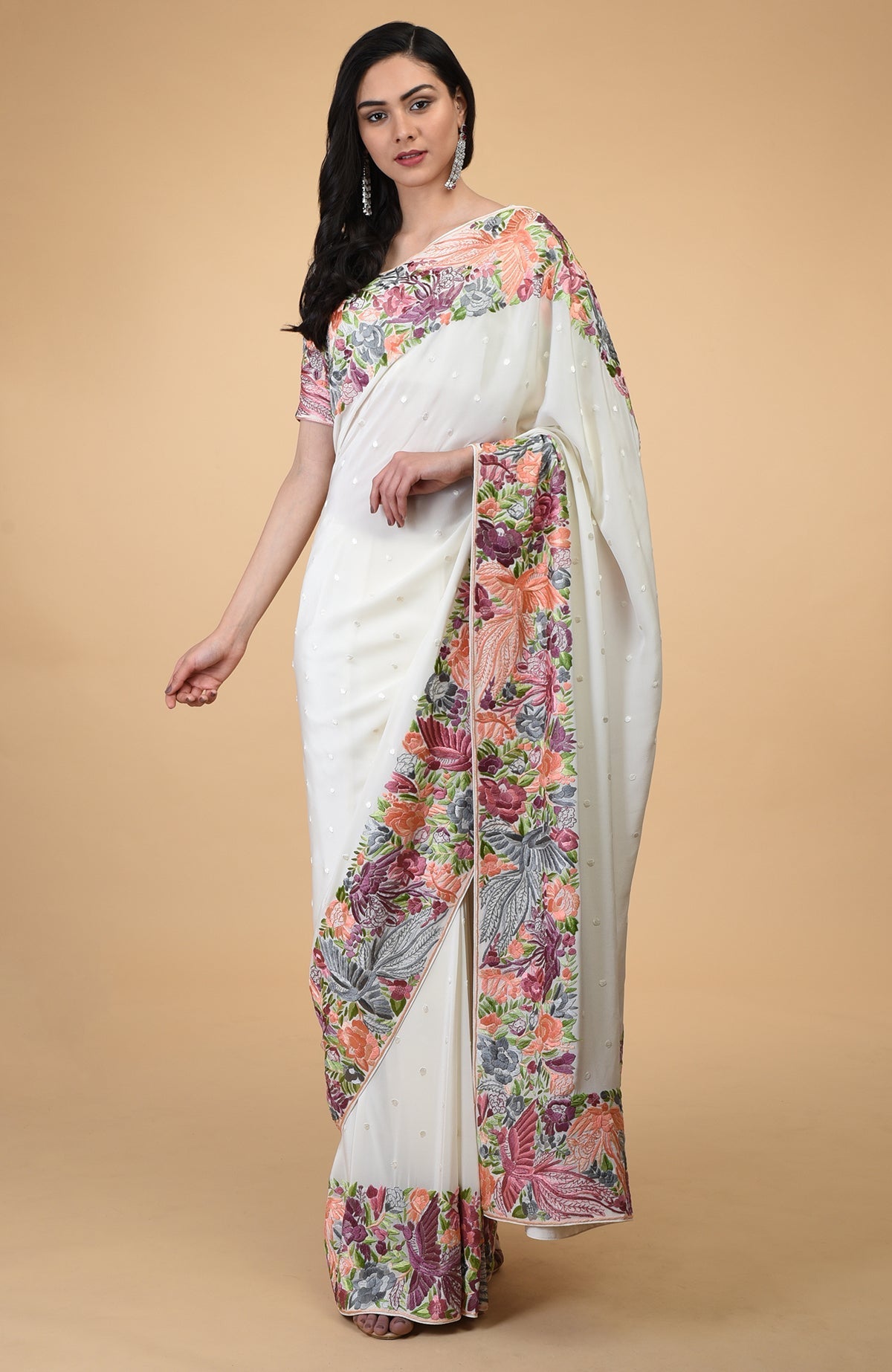 Ivory Parsi Gara hand-embroidered saree with intricate bird and floral motifs.