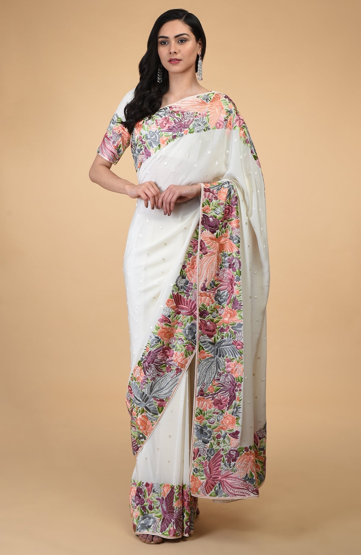 Ivory Parsi Gara hand embroidered saree with intricate birds and floral motifs.
