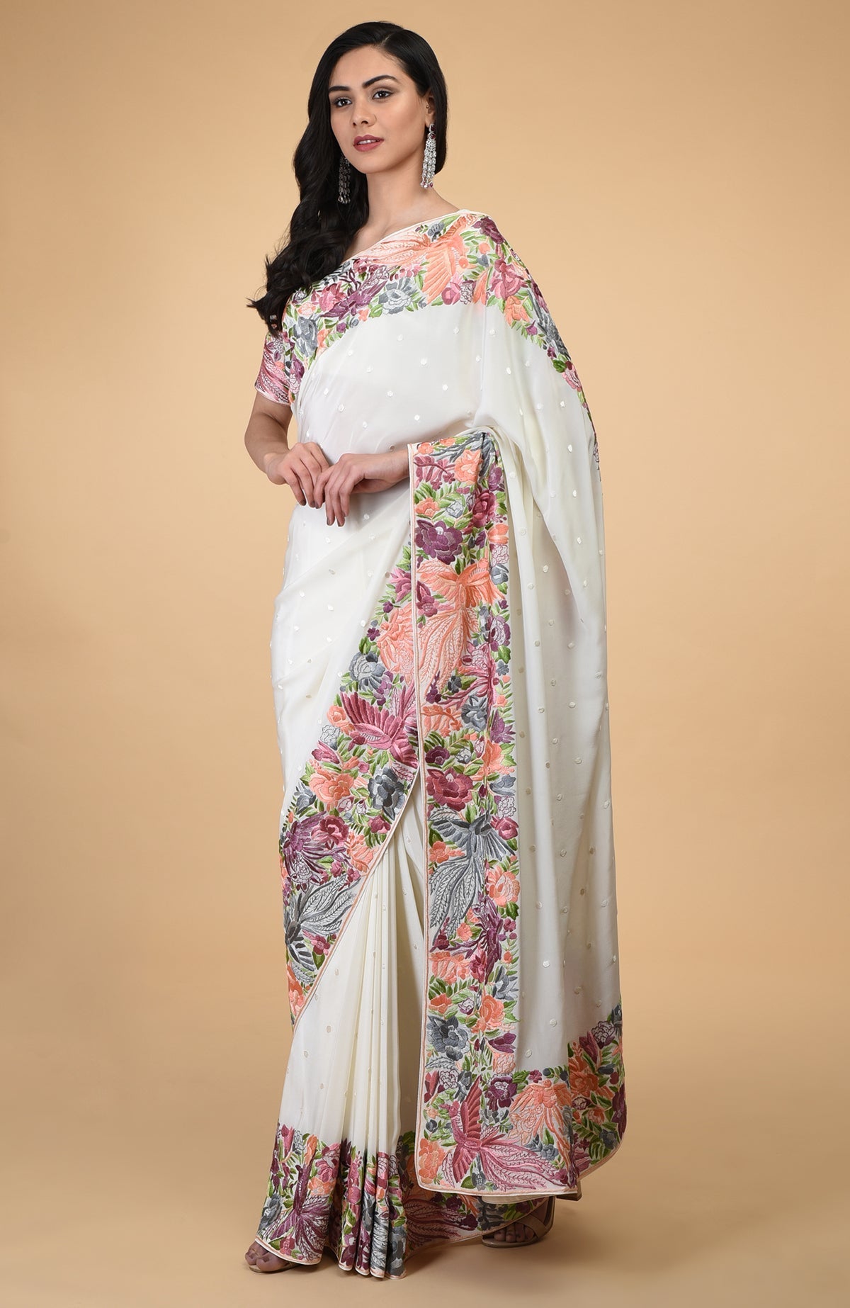 Ivory Parsi Gara hand-embroidered saree with floral and bird motifs.