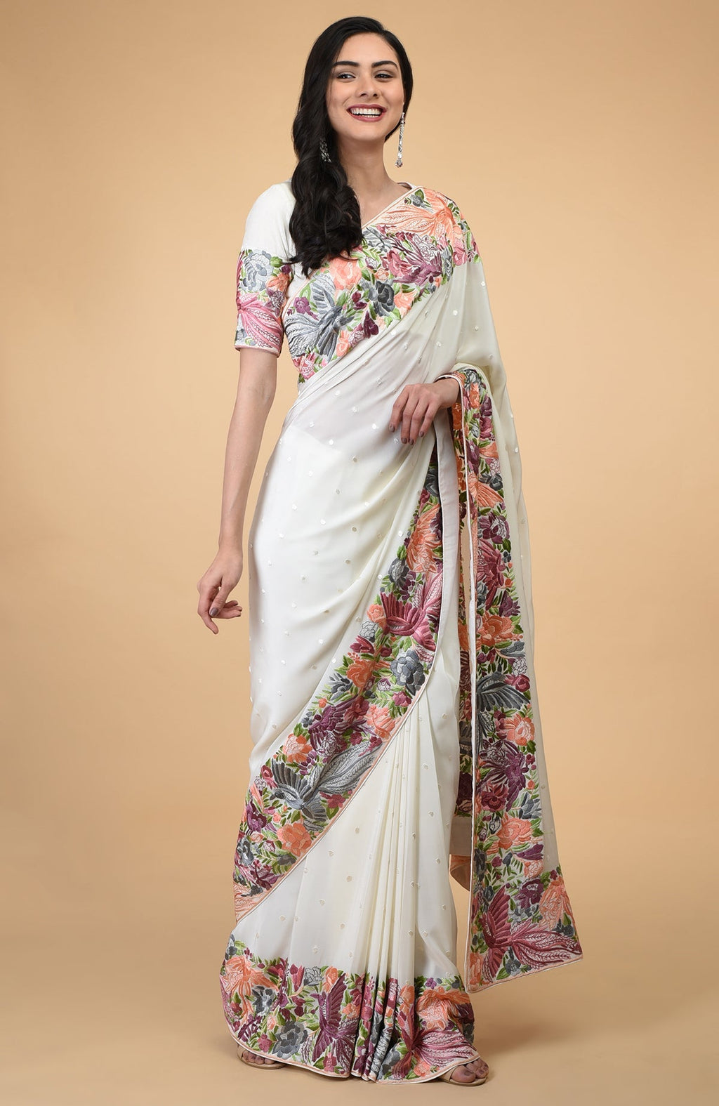 Ivory Parsi Gara hand embroidered saree with intricate bird and floral motifs.