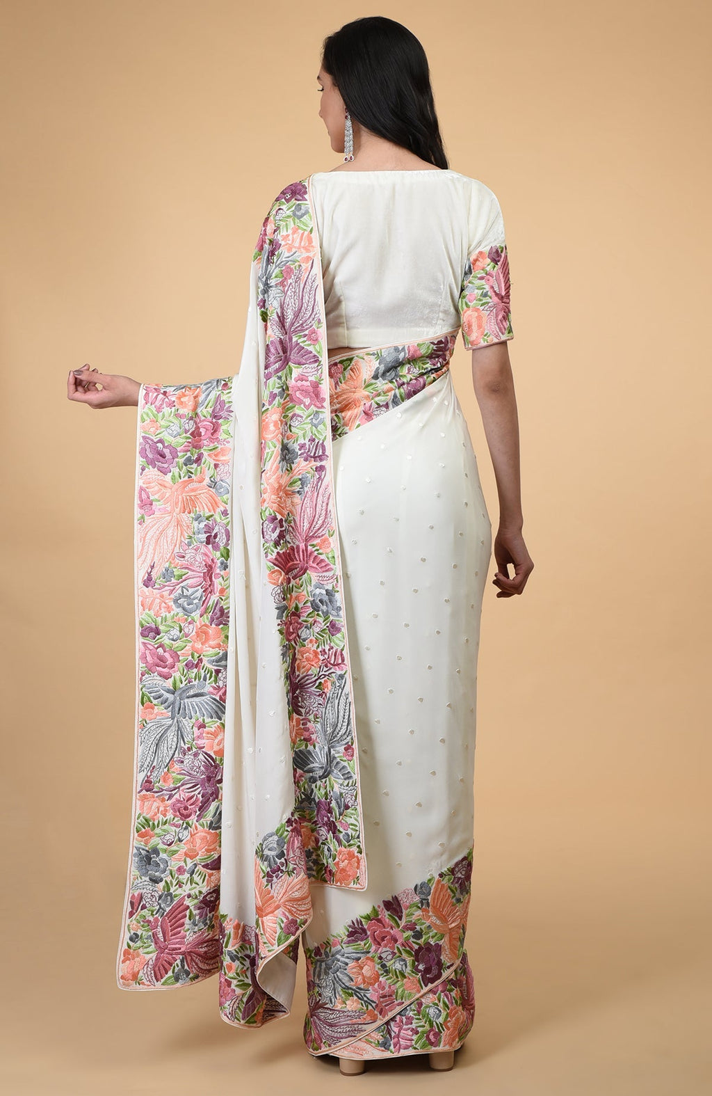 Ivory Parsi Gara hand embroidered saree with intricate birds and floral motifs.