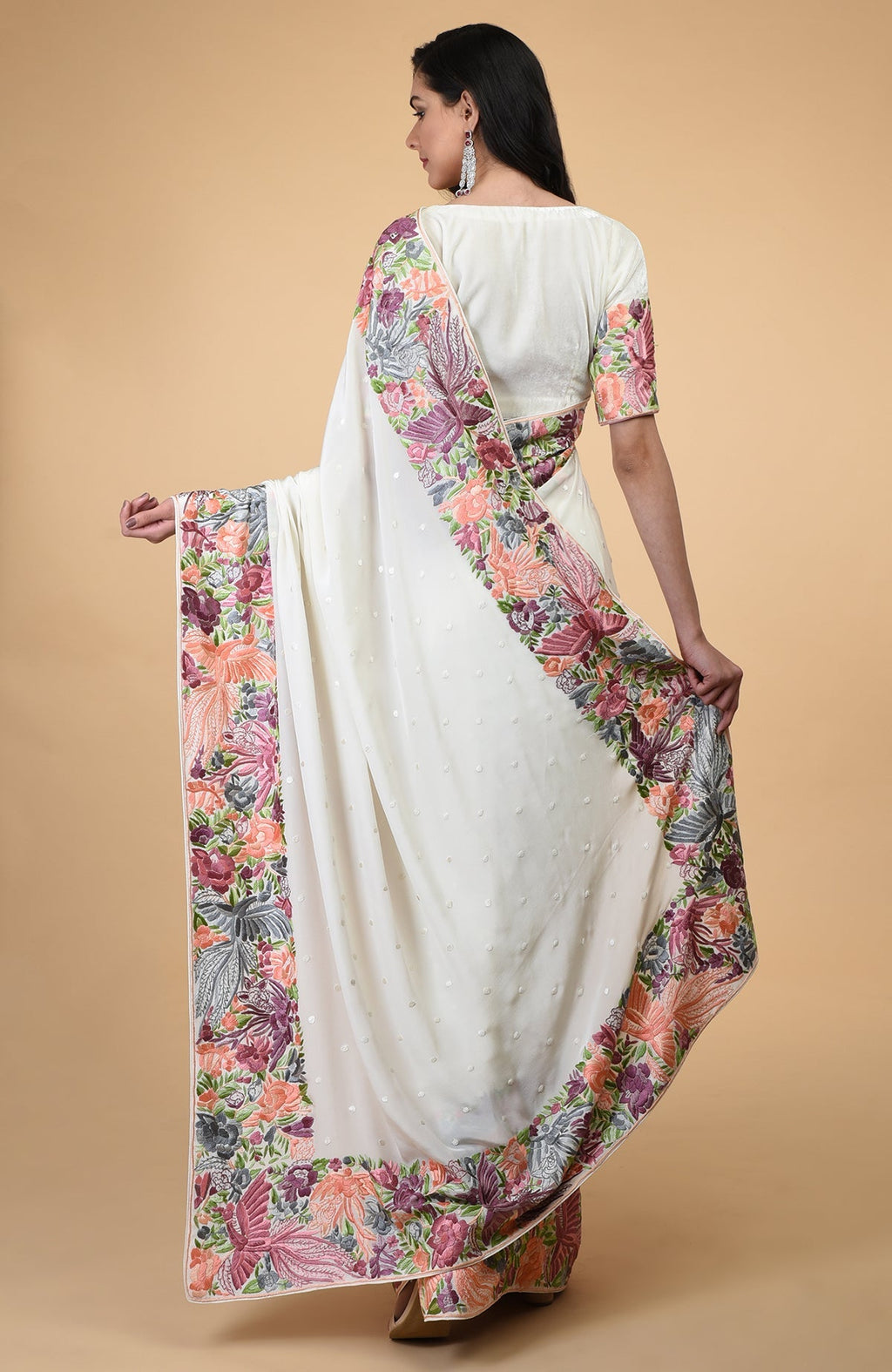 Ivory Parsi Gara hand embroidered saree with intricate birds and floral motifs.