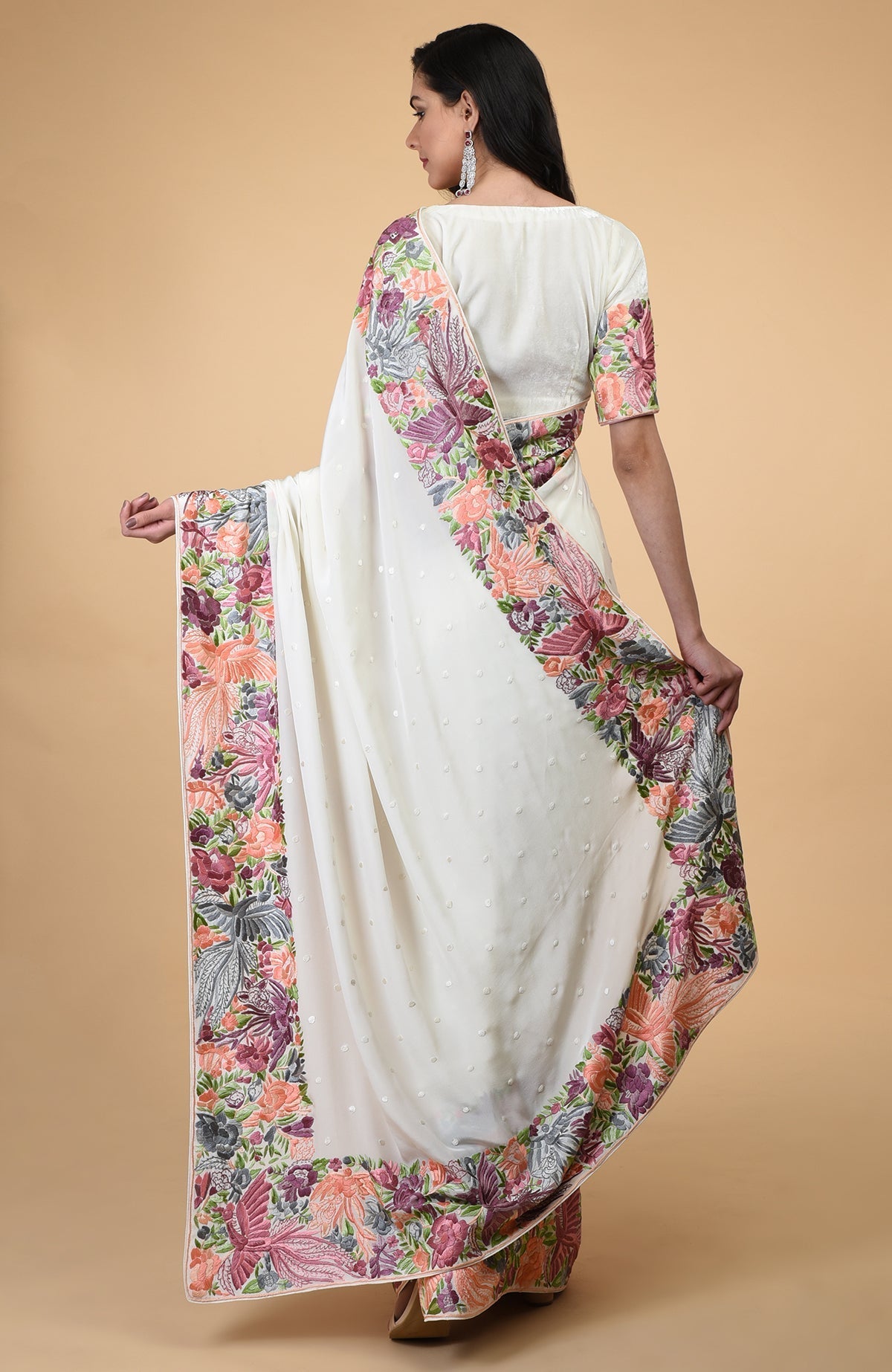 Ivory Parsi Gara hand embroidered saree with intricate birds and floral motifs.